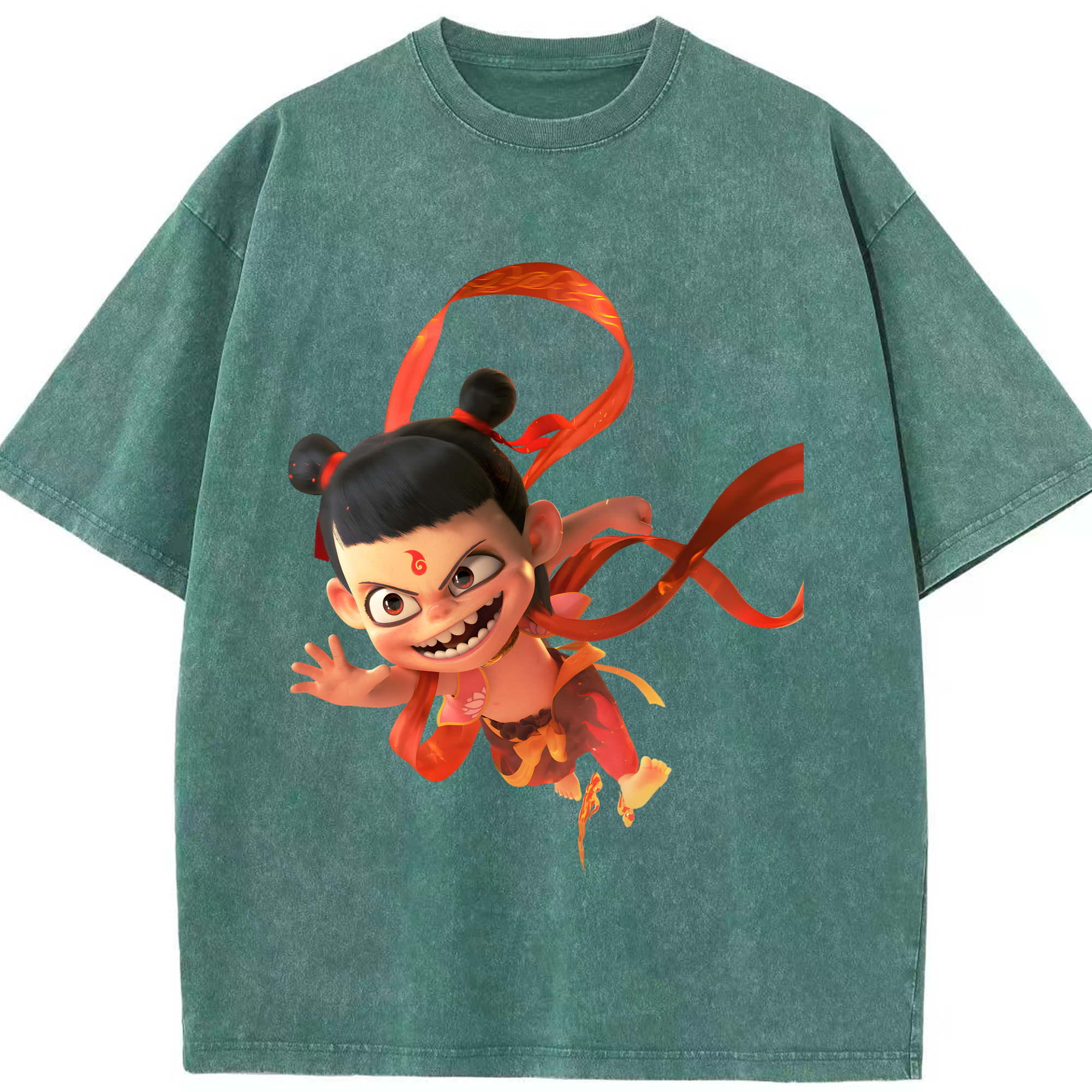 （画像用） Ne Zha 2 ナタ 魔童の大暴れ 綿100% ヴィンテージ風 半袖Tシャツ（フロントプリント）